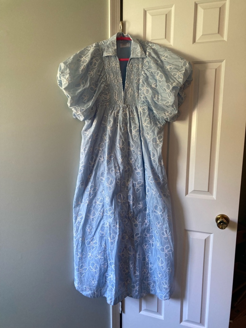 Annie Wear Sky Blue Button-Front Dress with White Floral Embroidery